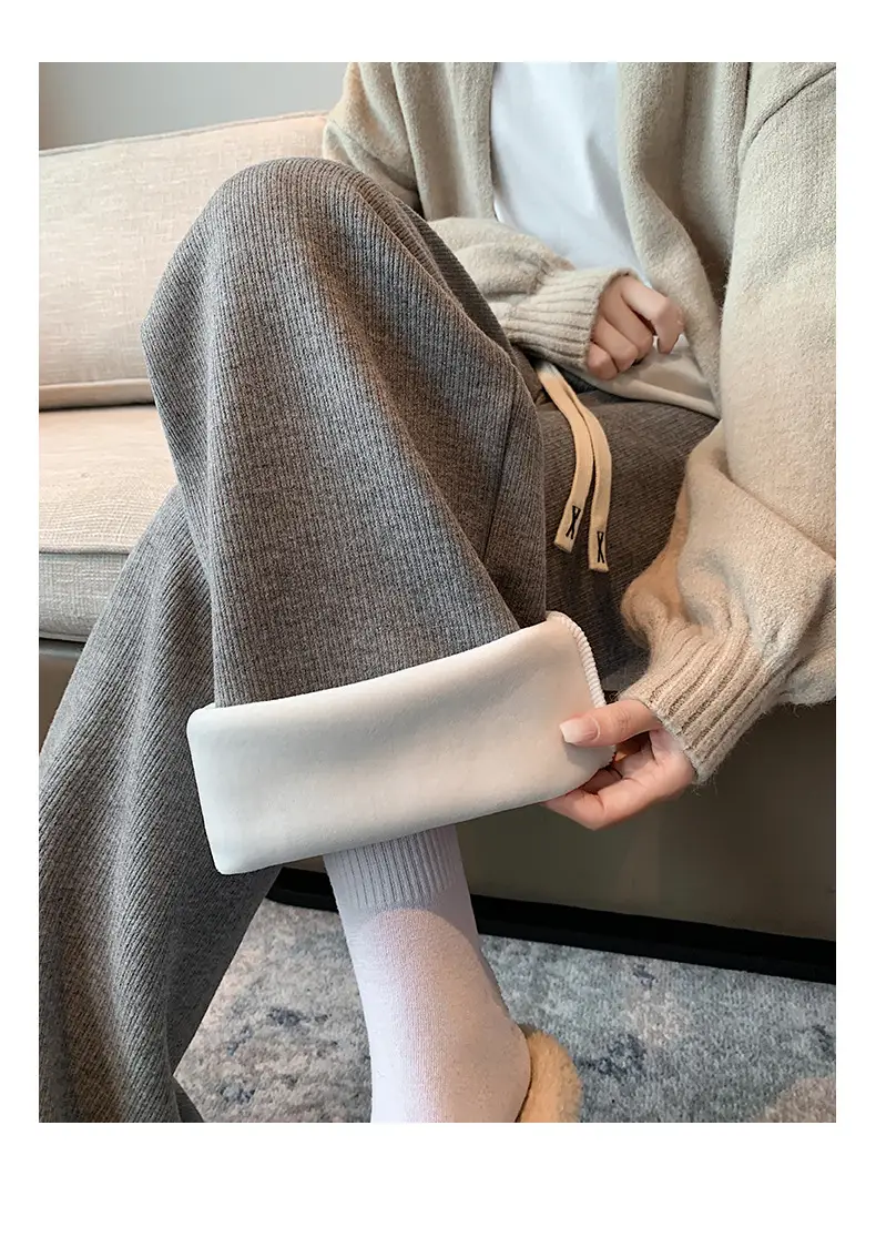 Women's Thickened Fleece Wide Leg Pants Cream Winter - Image 4