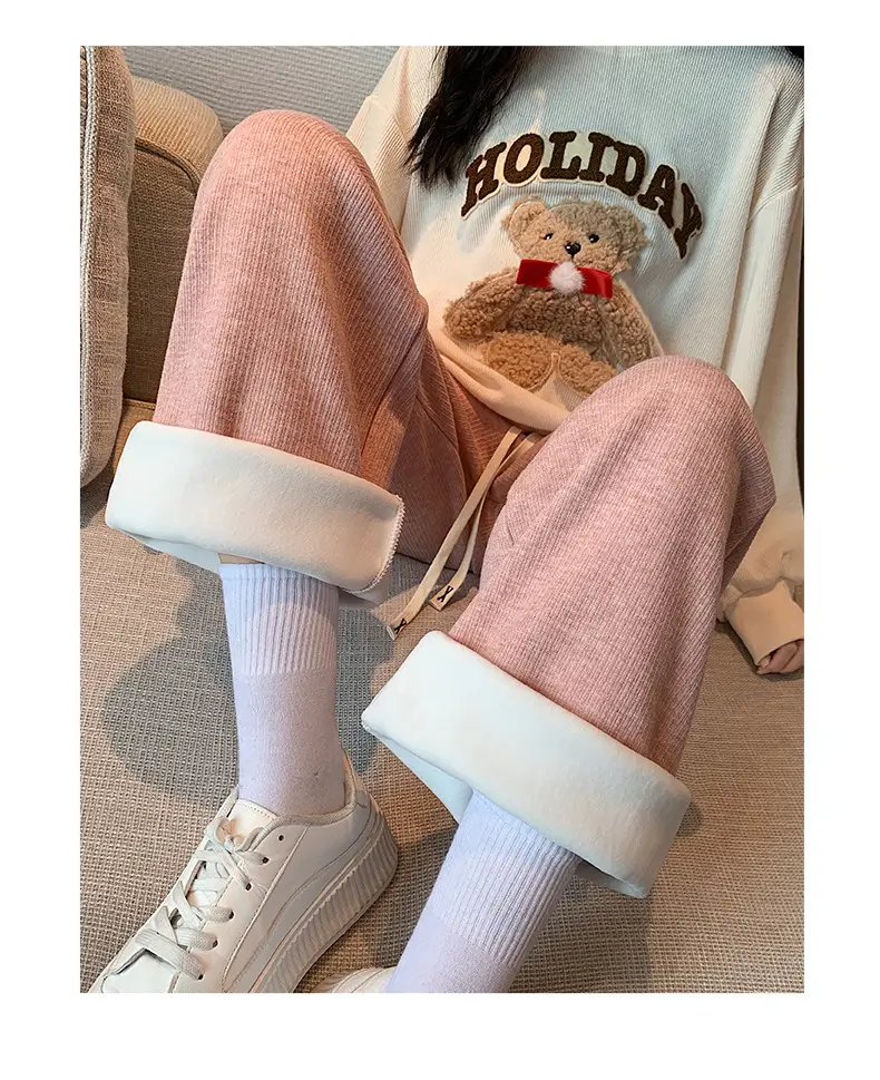 Women's Thickened Fleece Wide Leg Pants Cream Winter — feature 19