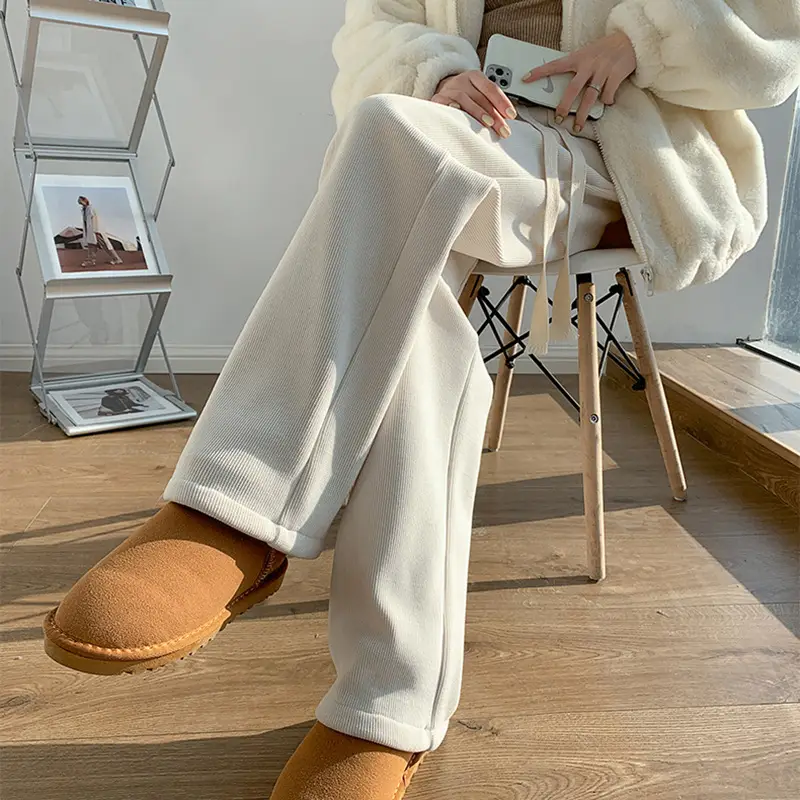 Women's Thickened Fleece Wide Leg Pants Cream Winter - Image 6