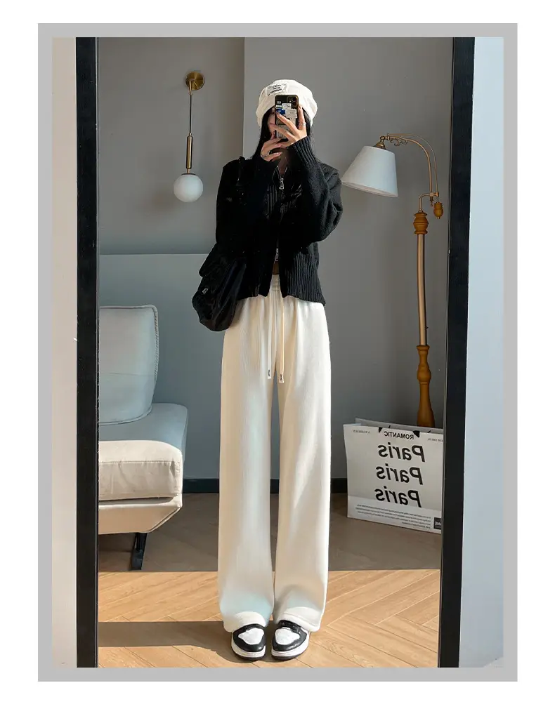 Women's Thickened Fleece Wide Leg Pants Cream Winter - Image 8