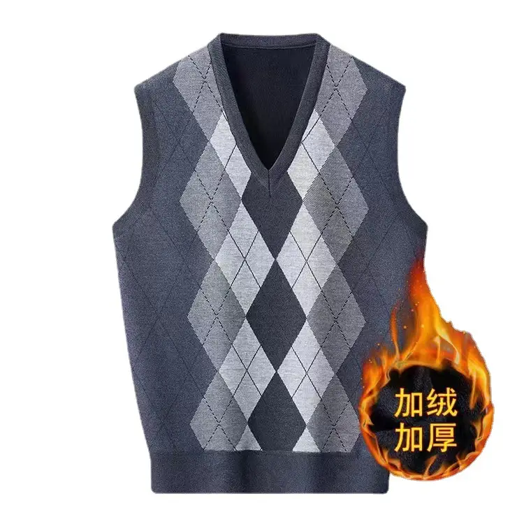 Men Velvet V Neck Quilted Vest Gray Thickened