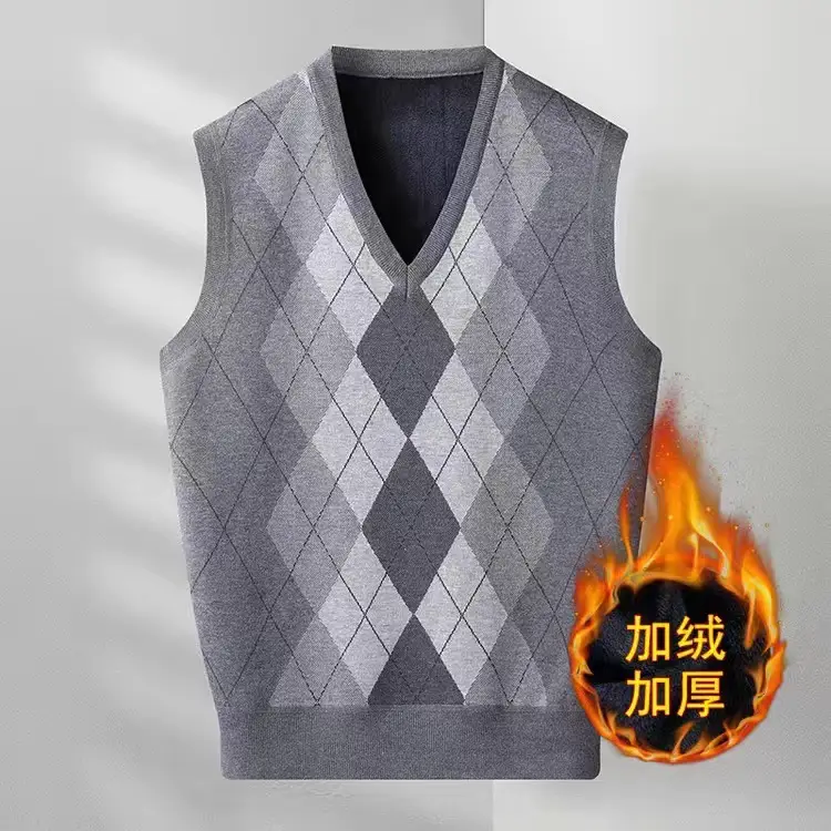 Men Velvet V Neck Quilted Vest Gray Thickened