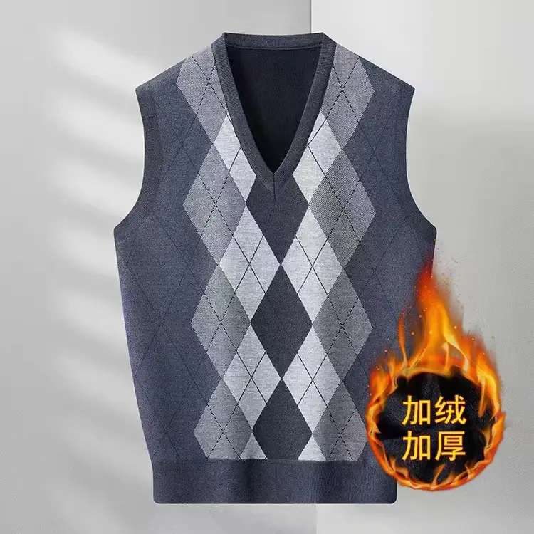 Men Velvet V Neck Quilted Vest Gray Thickened