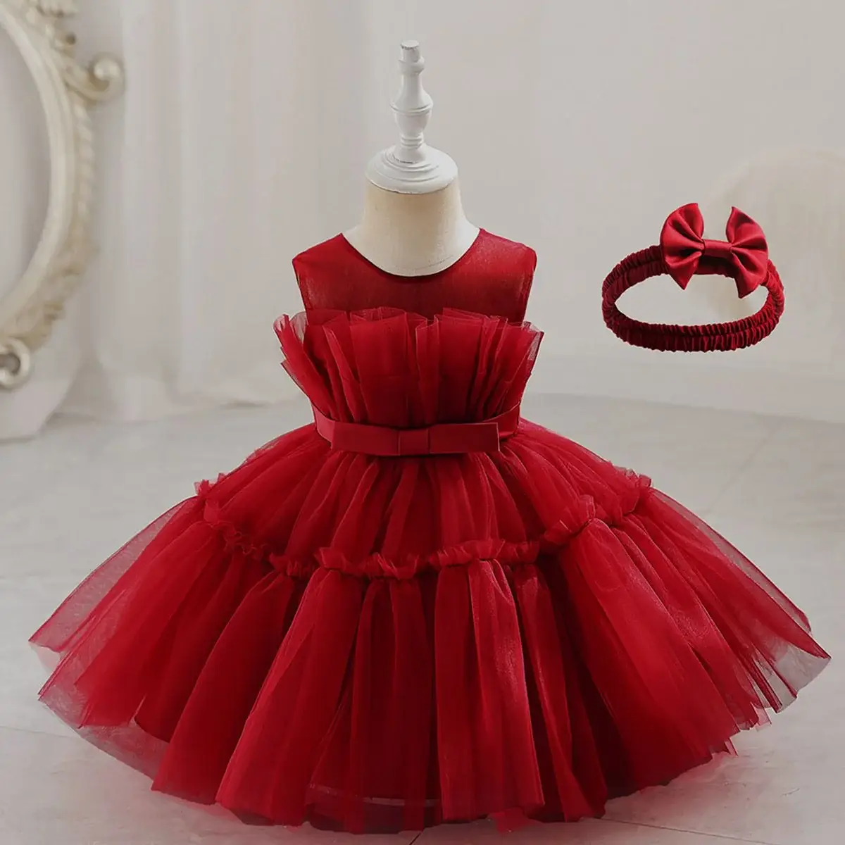 Red Sleeveless Mesh Tulle Dress for Girls 1-2Yr — feature 13
