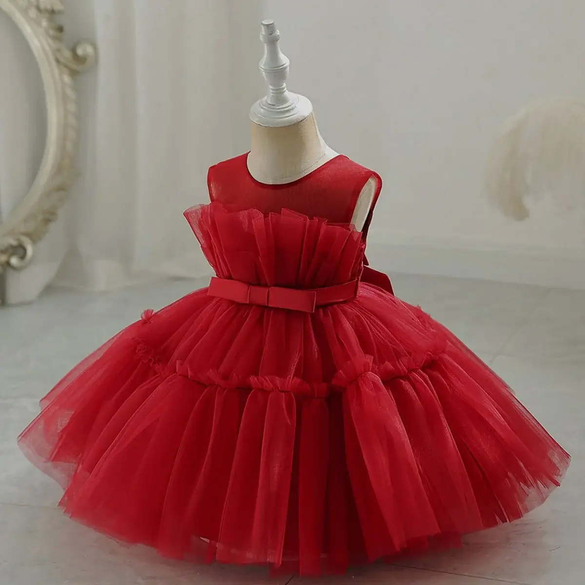 Red Sleeveless Mesh Tulle Dress for Girls 1-2Yr — feature 14