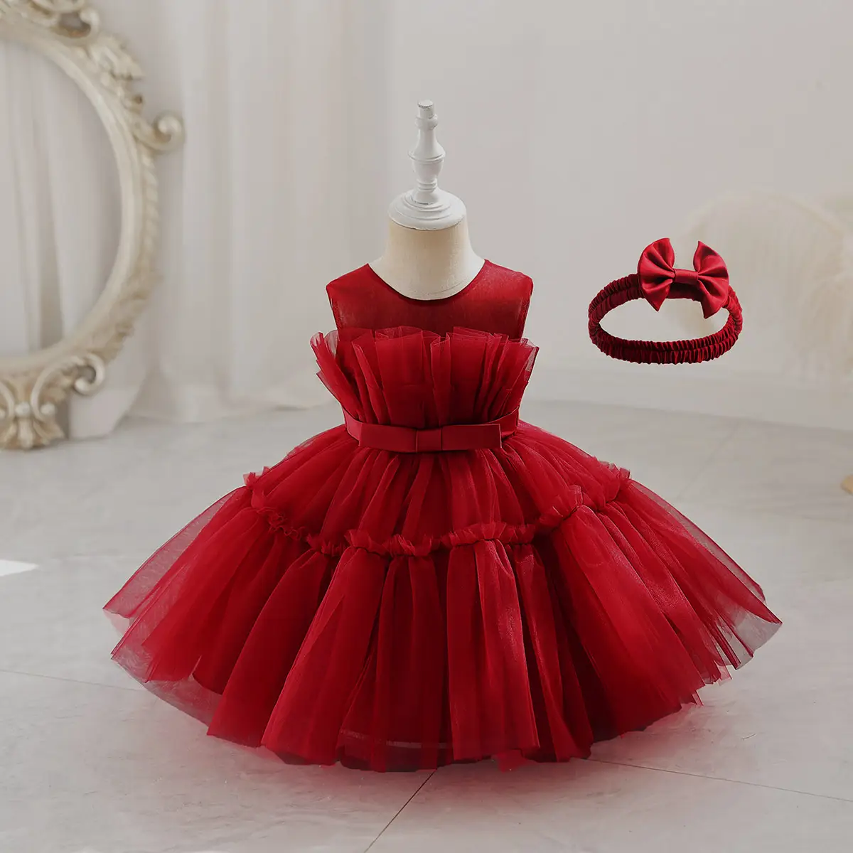 Red Sleeveless Mesh Tulle Dress for Girls 1-2Yr - Image 3