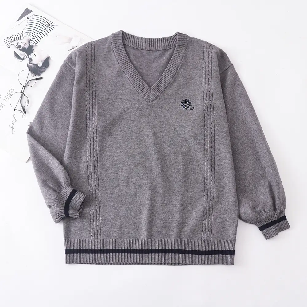 Japanese Style V Neck Pullover Sweater Beige Embroidered - Image 3