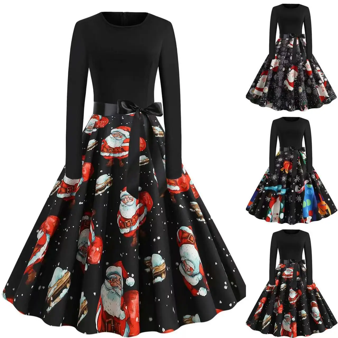 Women's Black Christmas Explosion A-Line Skirt Dress — feature 2