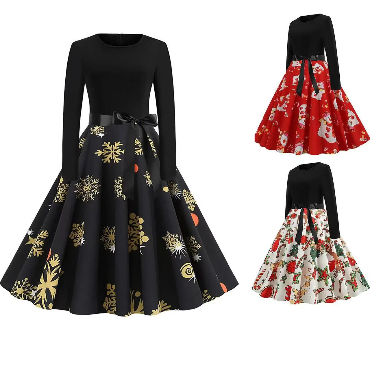 Women's Black Christmas Explosion A-Line Skirt Dress — feature 4