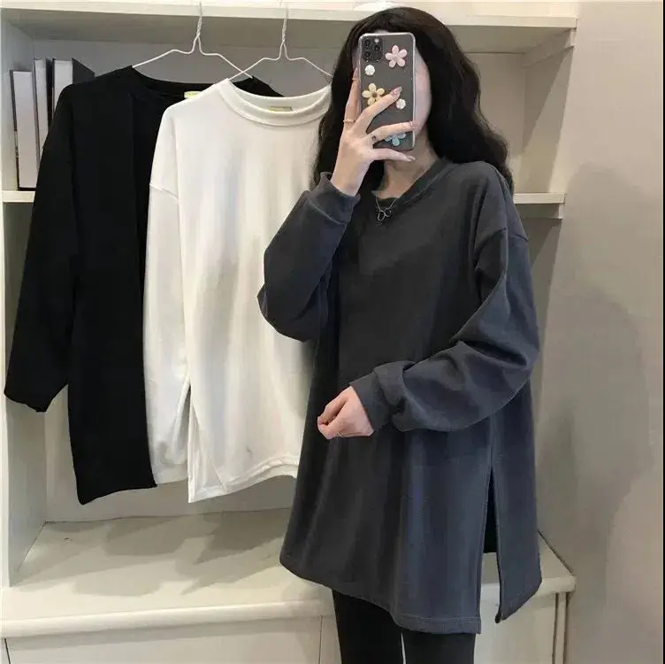 Black Velvet Long Sleeve Top with Split Hem Design - Image 4