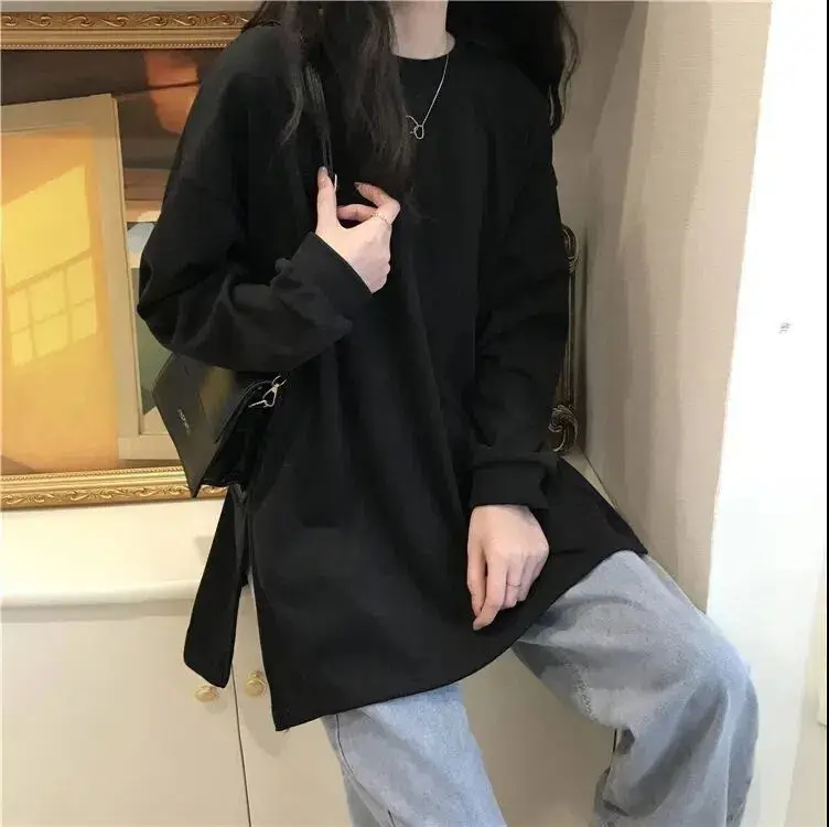 Black Velvet Long Sleeve Top with Split Hem Design - Image 7