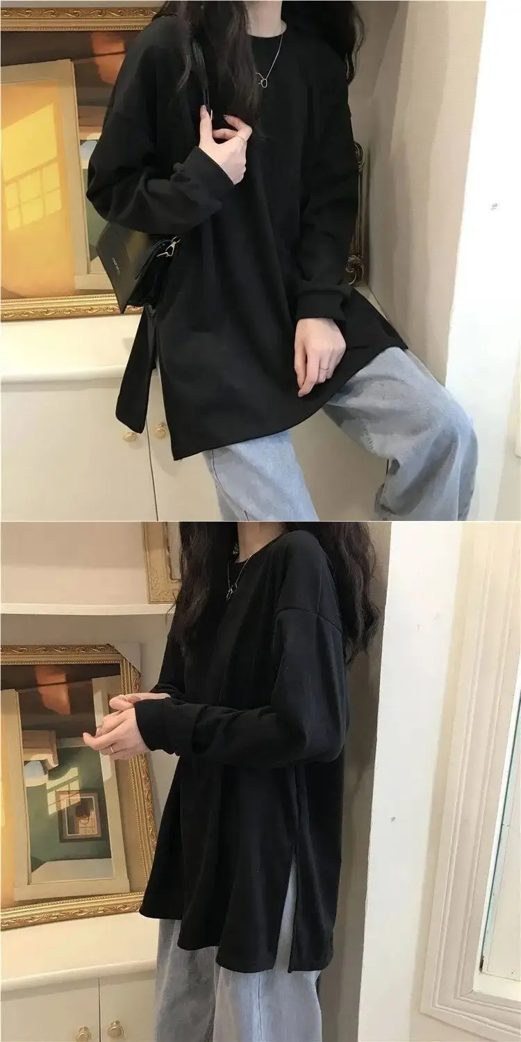 Black Velvet Long Sleeve Top with Split Hem Design — feature 15