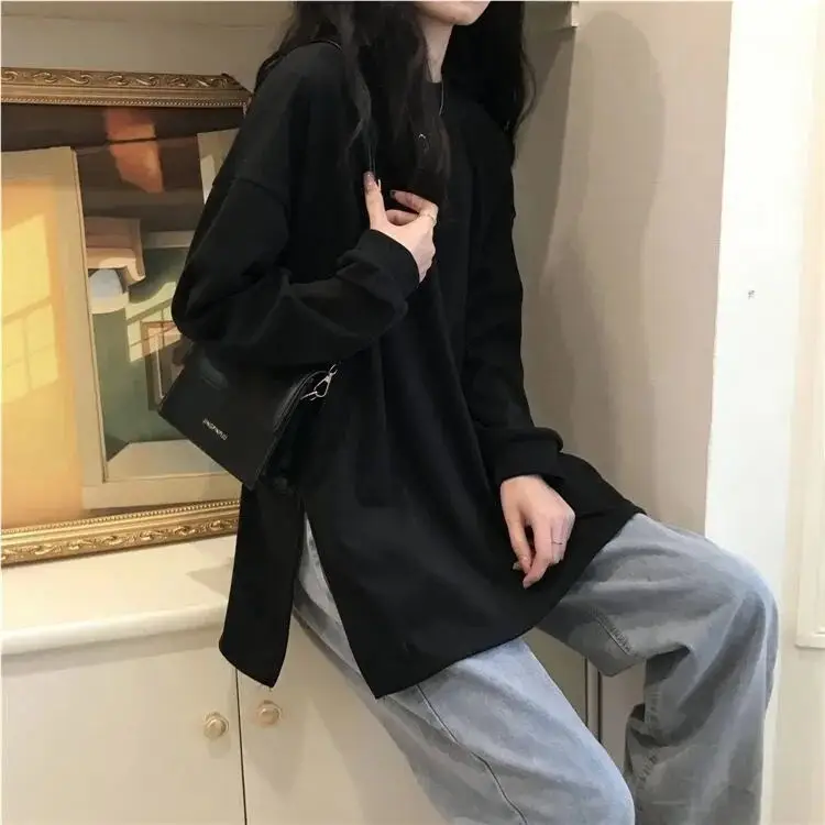 Black Velvet Long Sleeve Top with Split Hem Design — feature 16