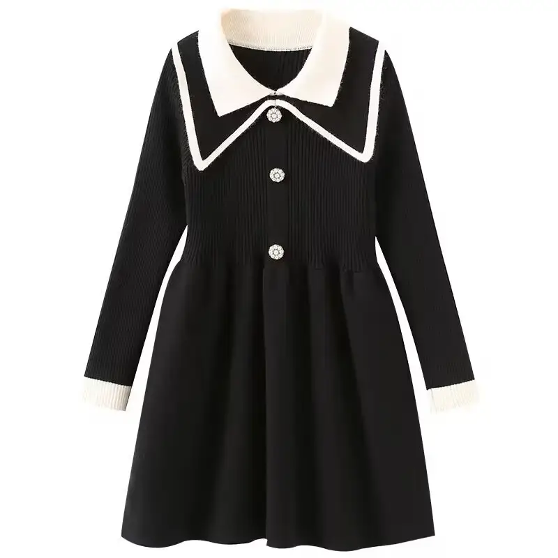 Black Korean Style Lapel Dress for Girls - Image 4