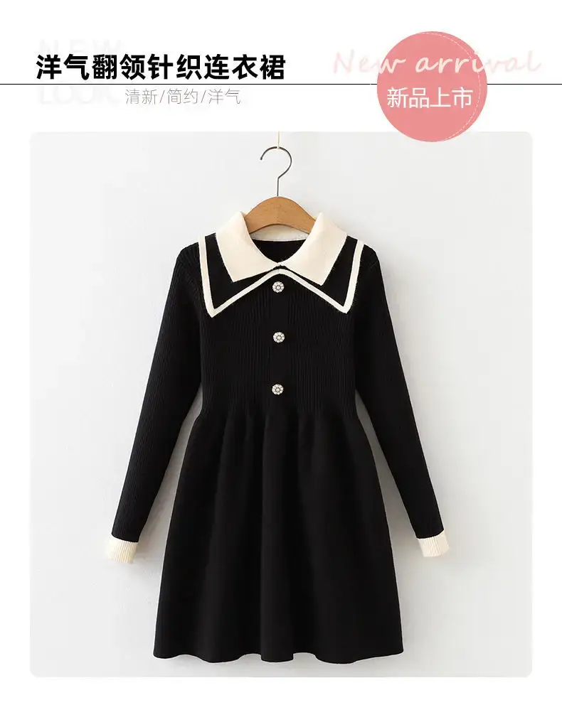 Black Korean Style Lapel Dress for Girls — feature 1