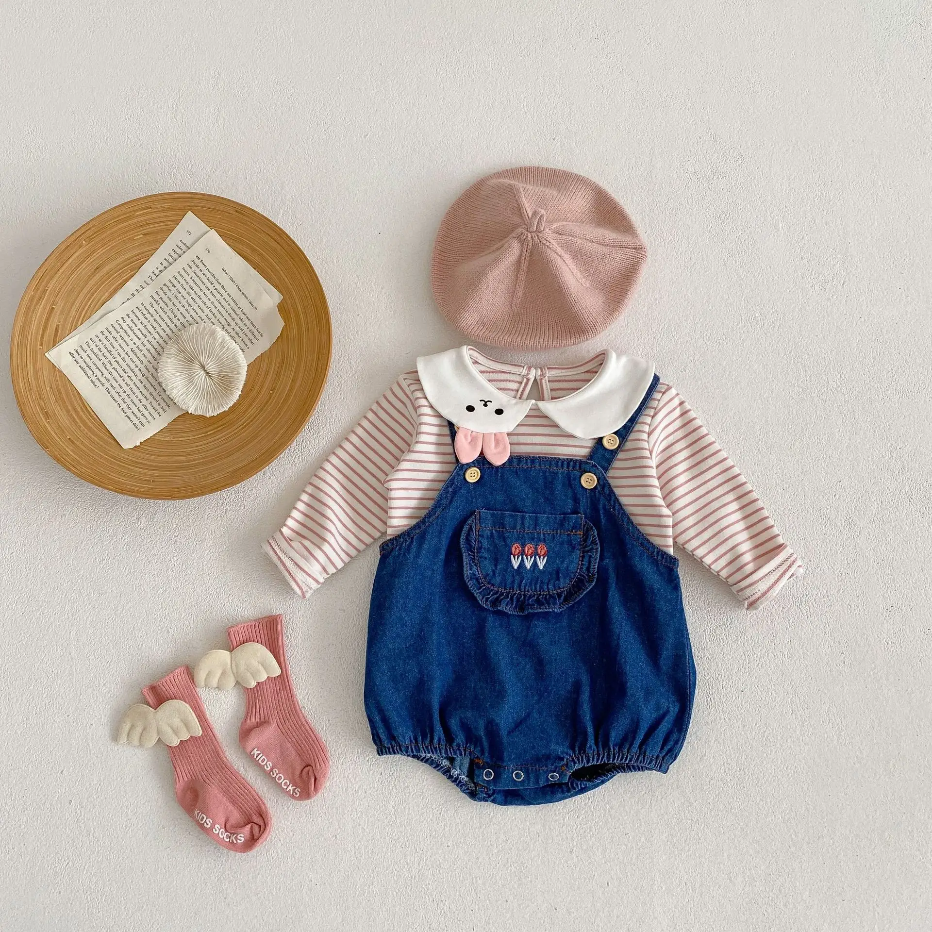 Baby Girl Rabbit Collar Striped Top + Flower Denim Overalls Suit - Image 4