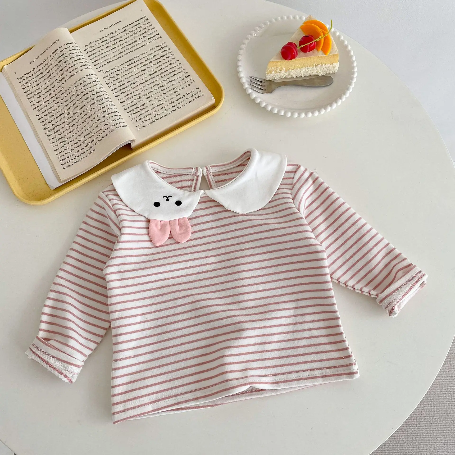 Baby Girl Rabbit Collar Striped Top + Flower Denim Overalls Suit - Image 5