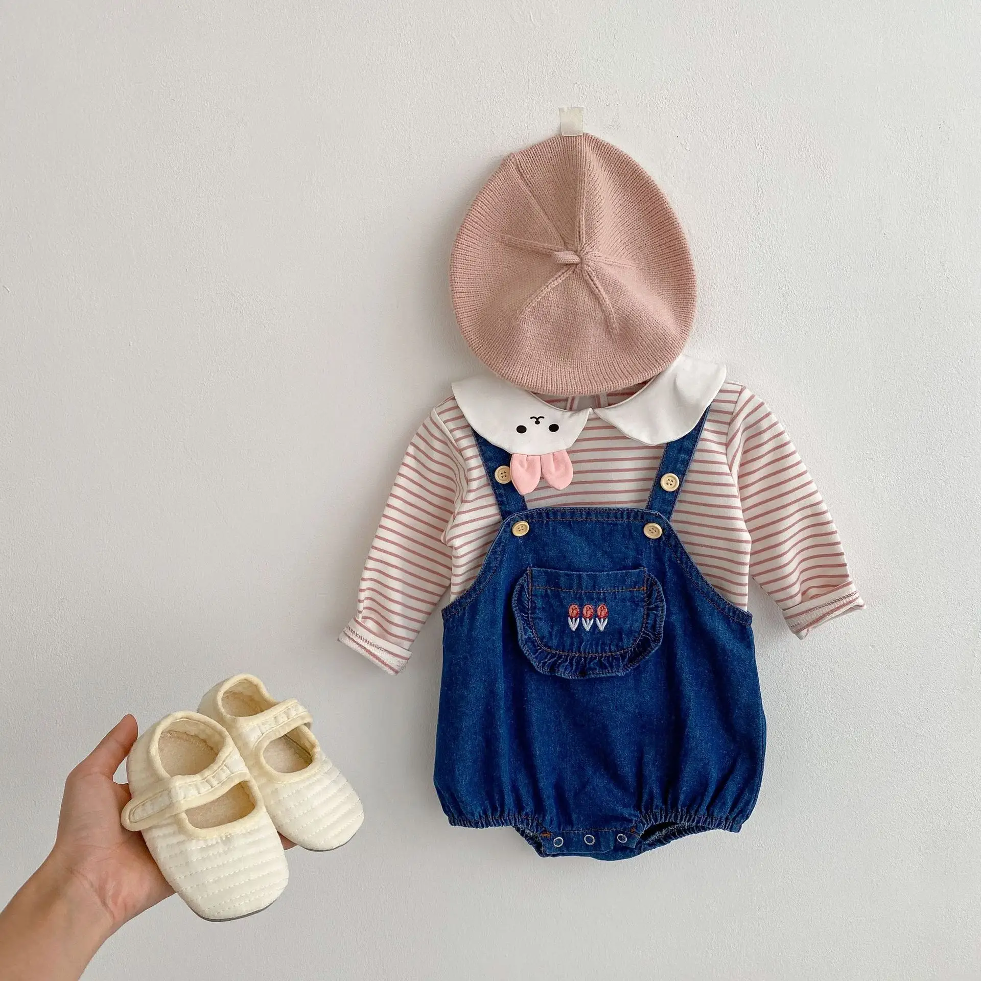 Baby Girl Rabbit Collar Striped Top + Flower Denim Overalls Suit - Image 6