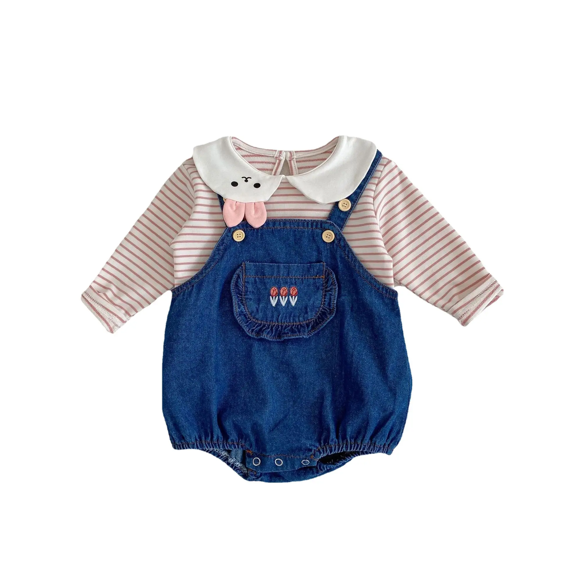Baby Girl Rabbit Collar Striped Top + Flower Denim Overalls Suit - Image 7