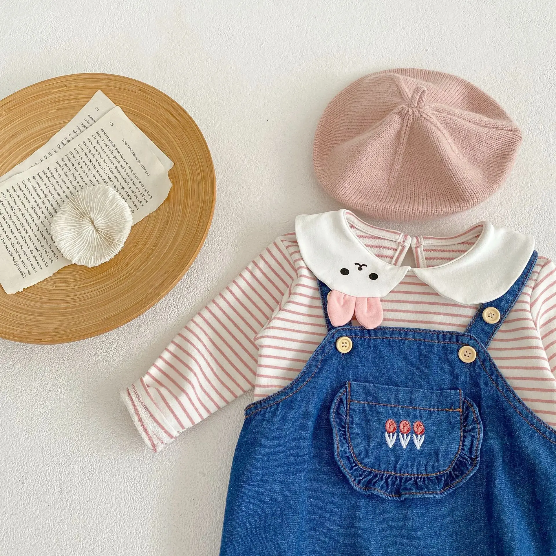 Baby Girl Rabbit Collar Striped Top + Flower Denim Overalls Suit — feature 12