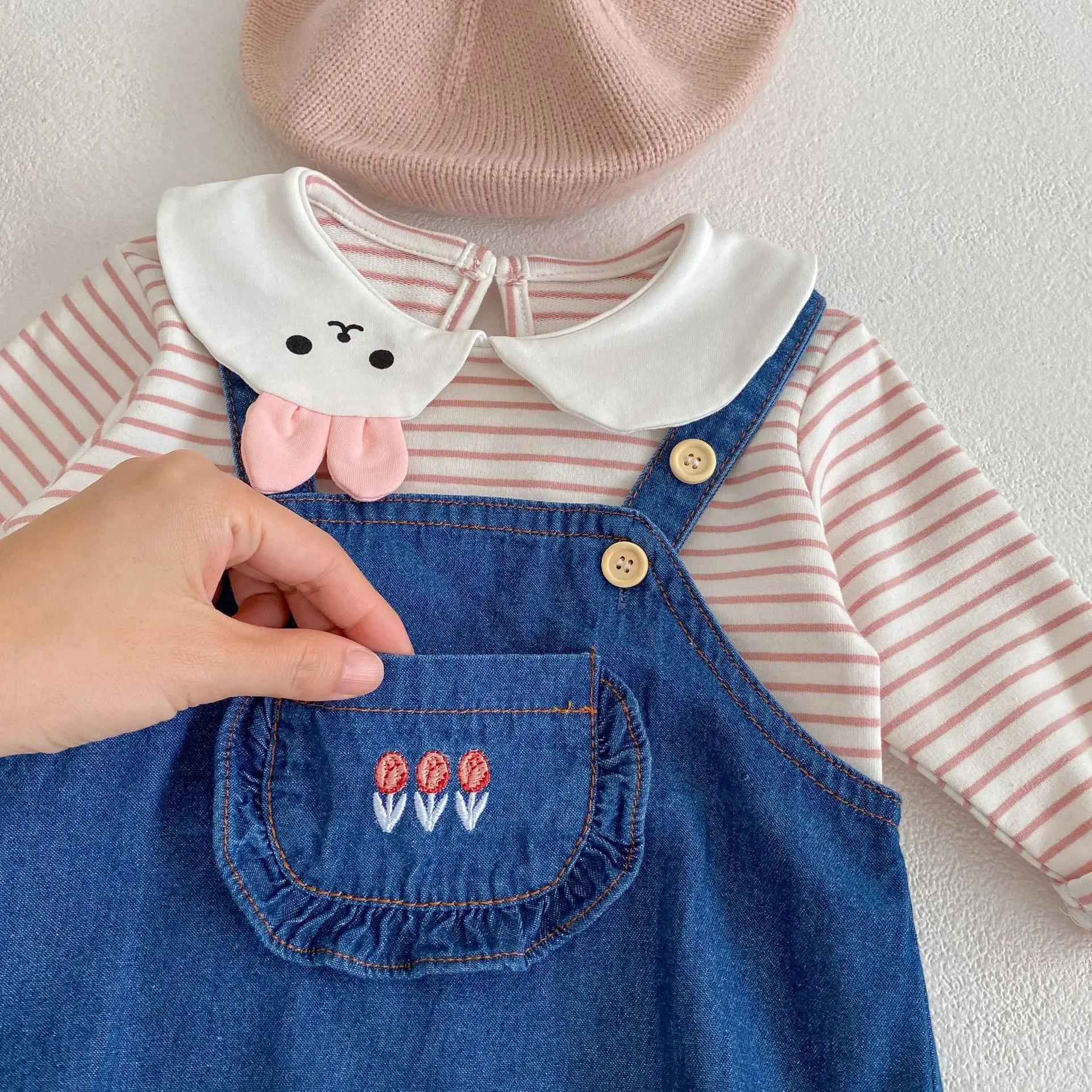 Baby Girl Rabbit Collar Striped Top + Flower Denim Overalls Suit — feature 13