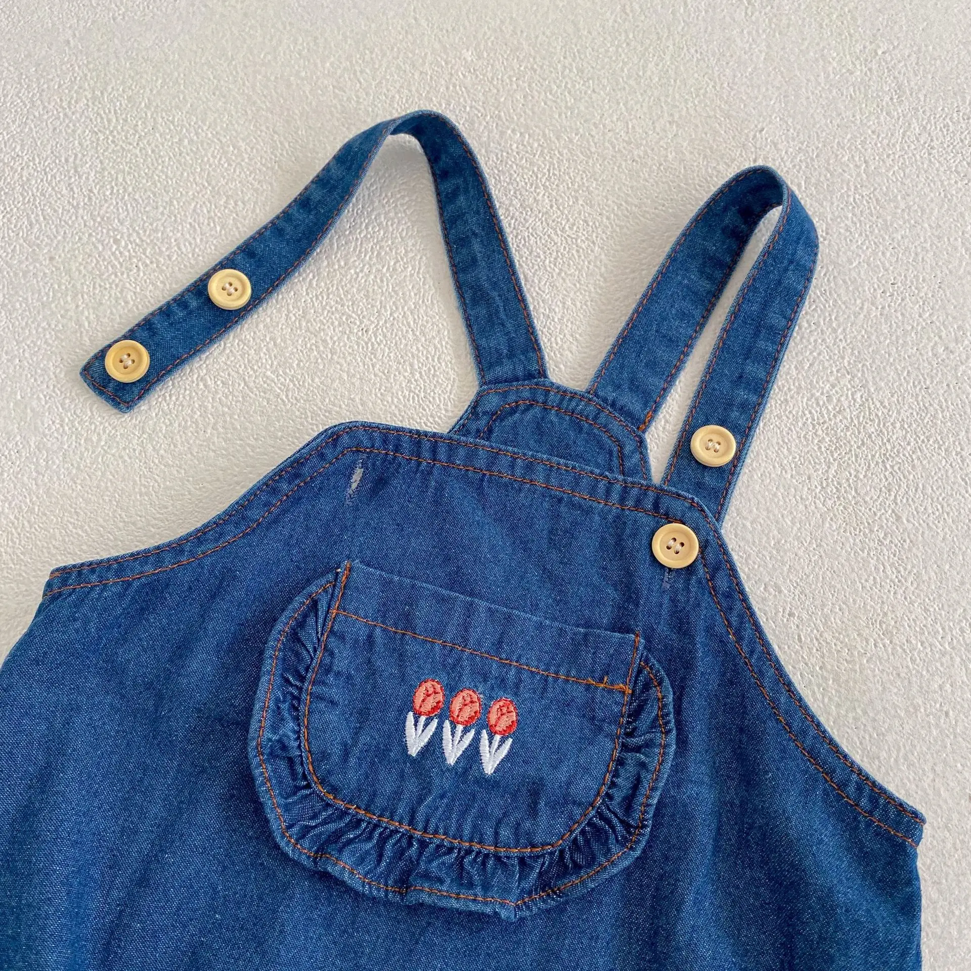 Baby Girl Rabbit Collar Striped Top + Flower Denim Overalls Suit — feature 14