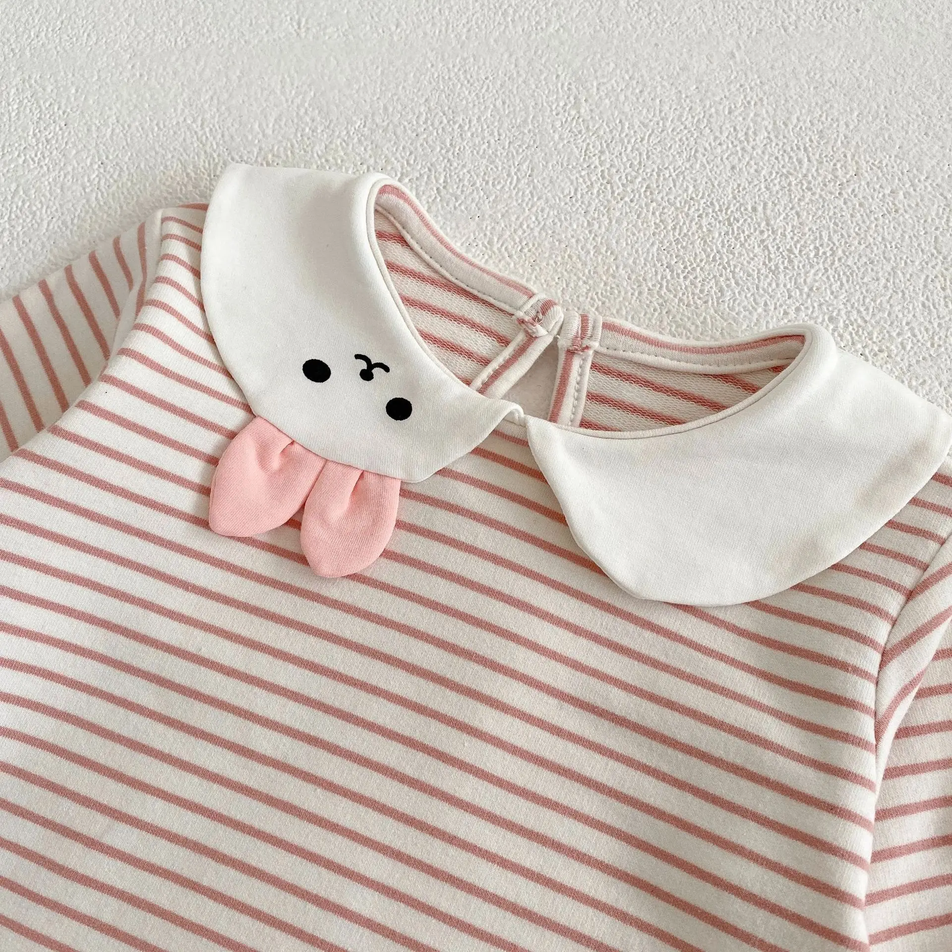 Baby Girl Rabbit Collar Striped Top + Flower Denim Overalls Suit — feature 17