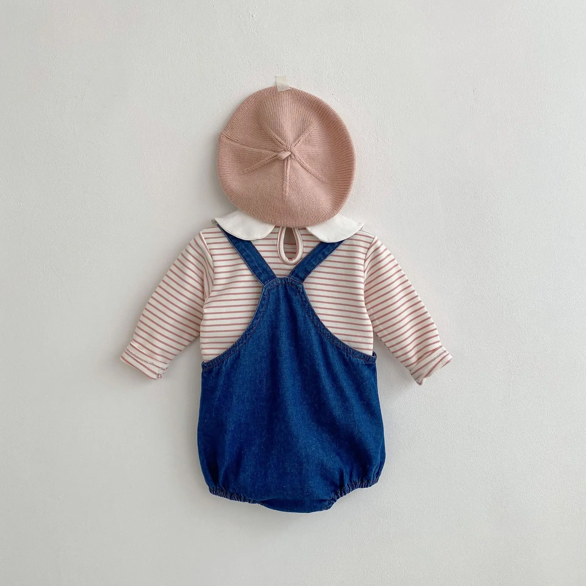 Baby Girl Rabbit Collar Striped Top + Flower Denim Overalls Suit — feature 4