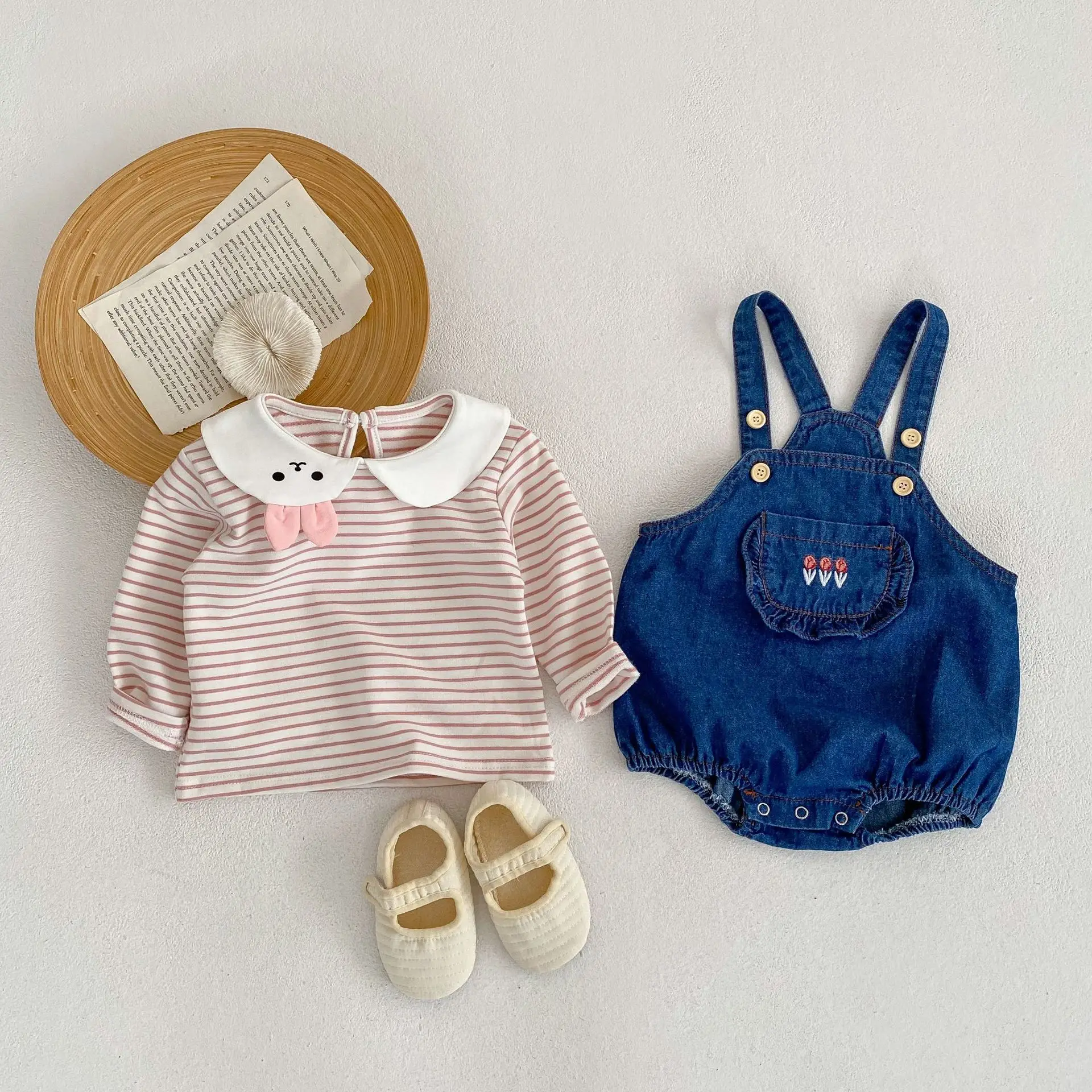 Baby Girl Rabbit Collar Striped Top + Flower Denim Overalls Suit — feature 5
