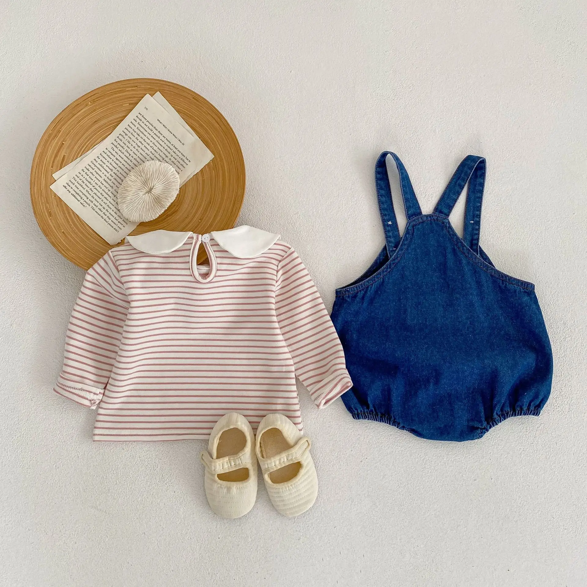 Baby Girl Rabbit Collar Striped Top + Flower Denim Overalls Suit — feature 6