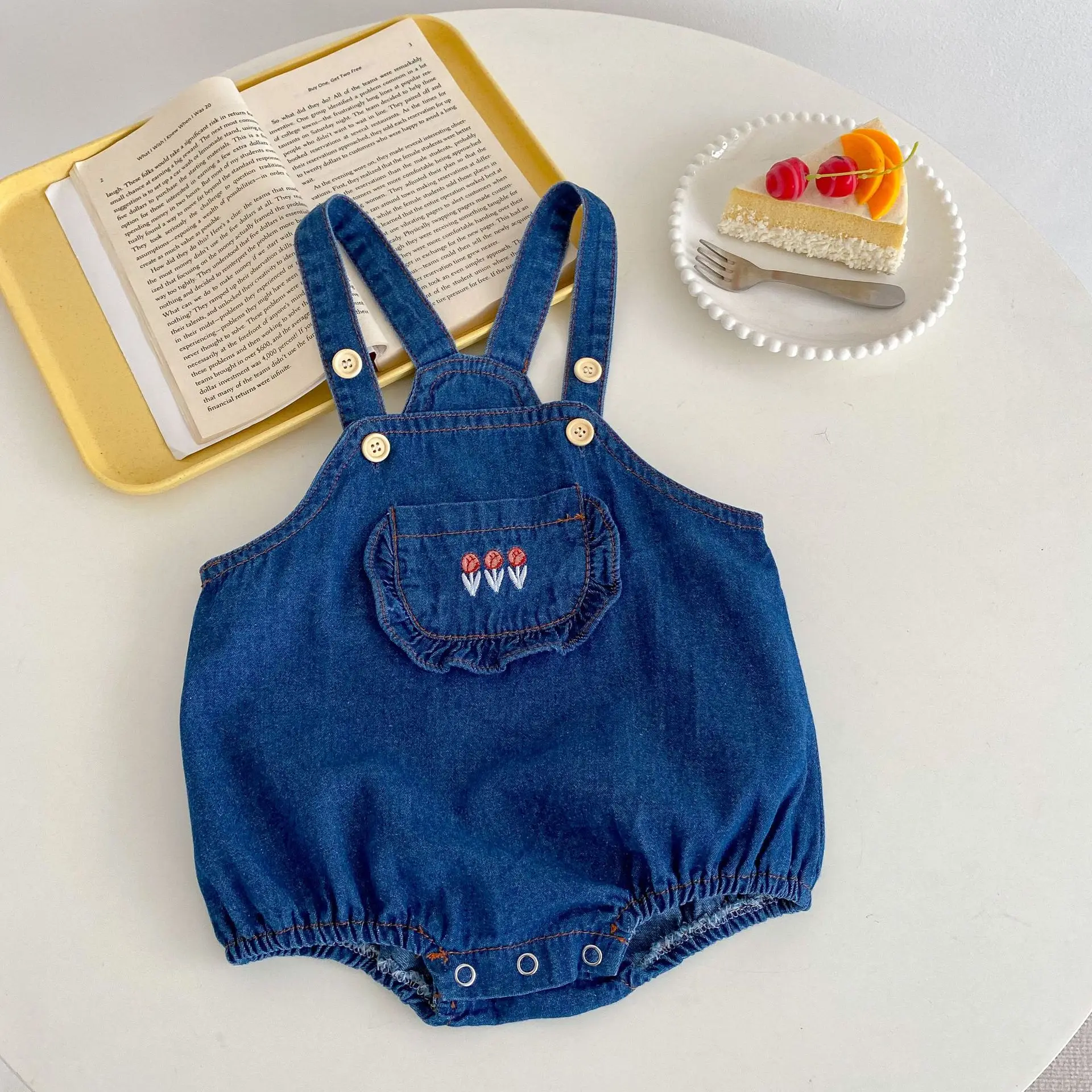 Baby Girl Rabbit Collar Striped Top + Flower Denim Overalls Suit — feature 7
