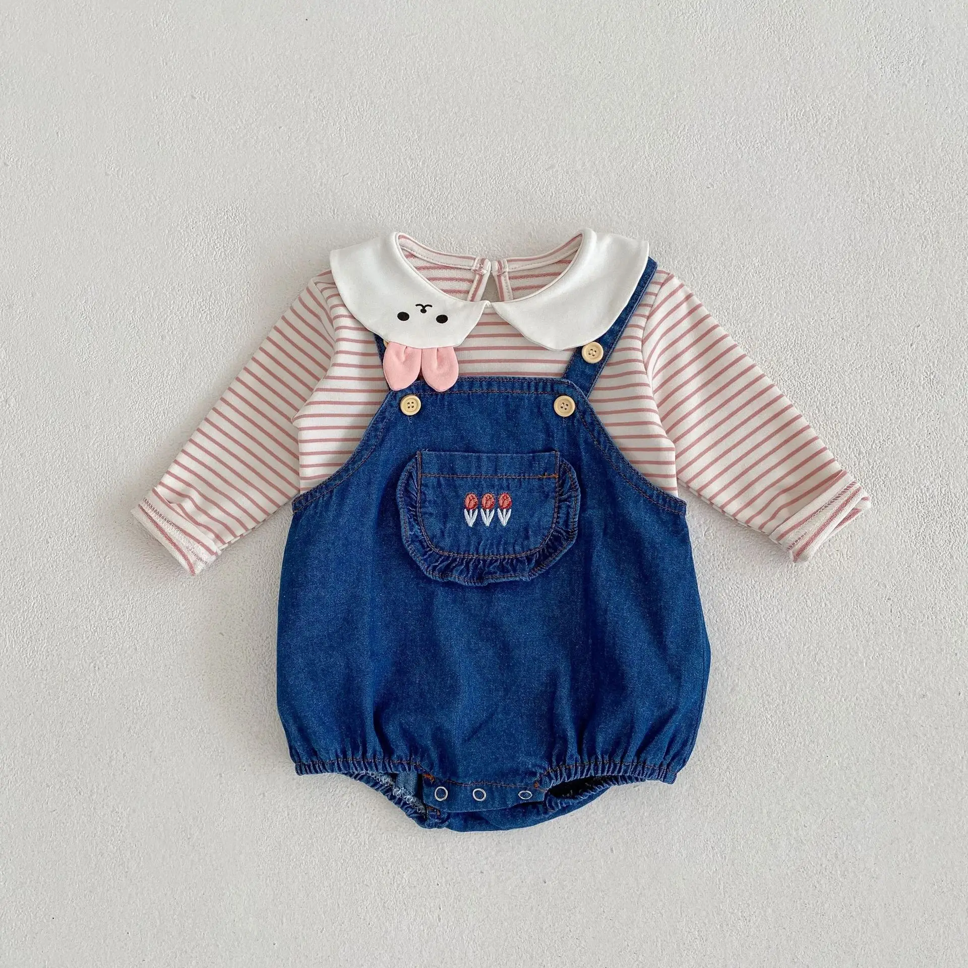 Baby Girl Rabbit Collar Striped Top + Flower Denim Overalls Suit — feature 9