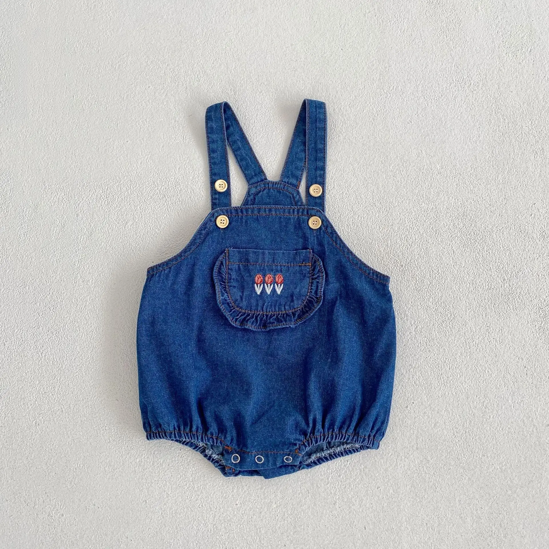 Baby Girl Rabbit Collar Striped Top + Flower Denim Overalls Suit - Image 2