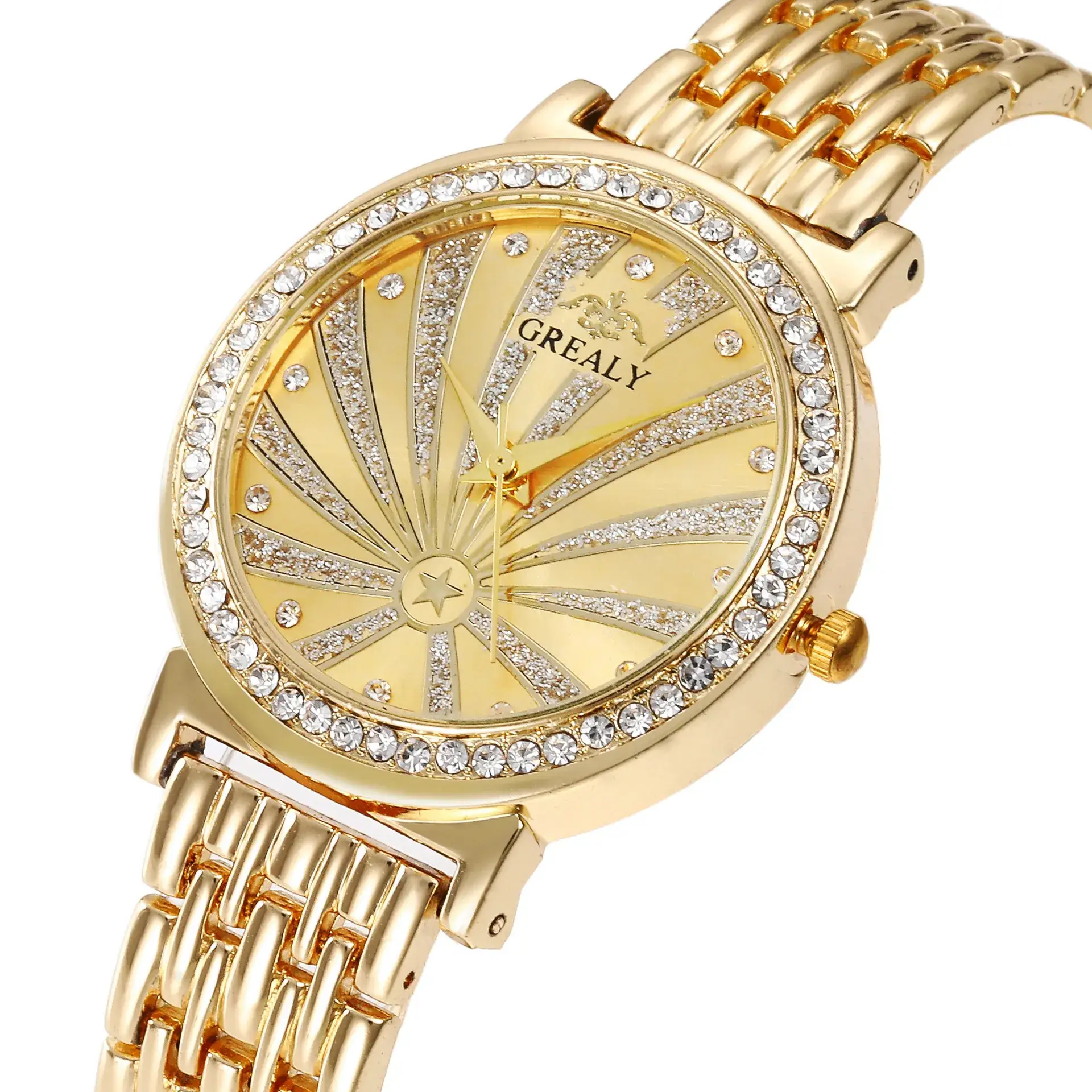 Golden Women's Quartz Bracelet Watch with Diamond Dial
