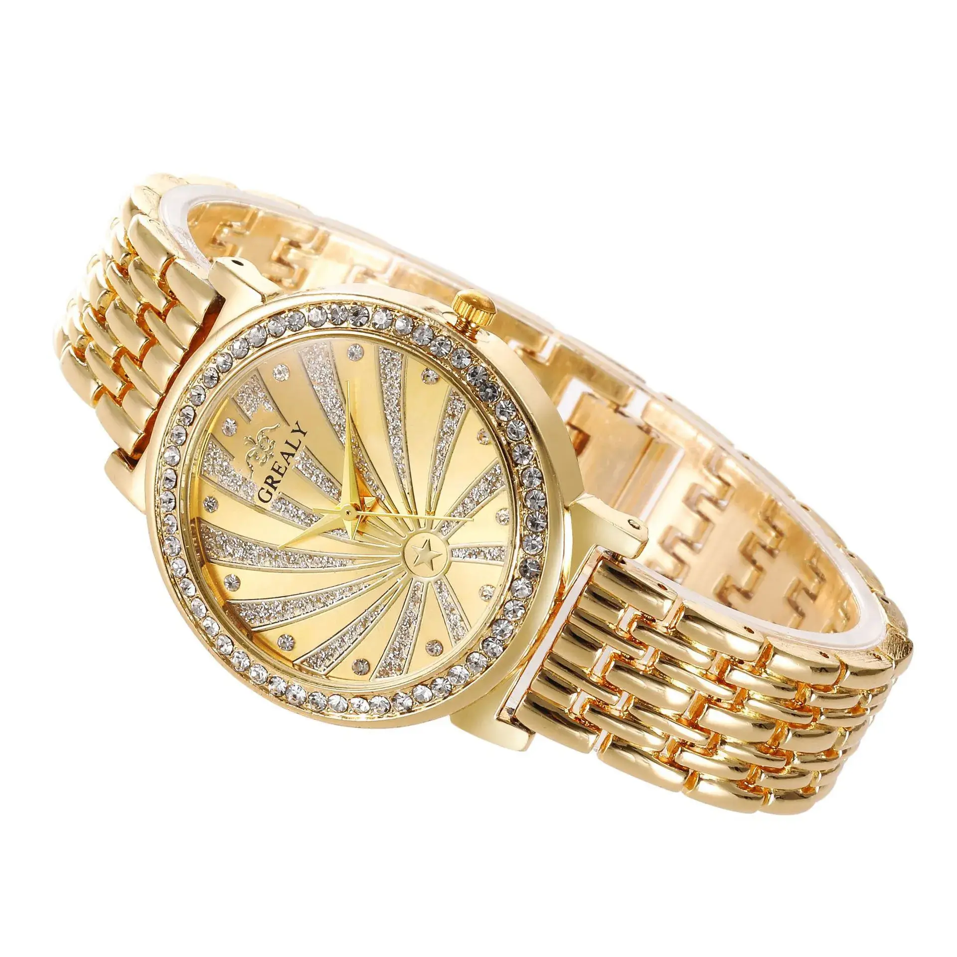 Golden Women's Quartz Bracelet Watch with Diamond Dial