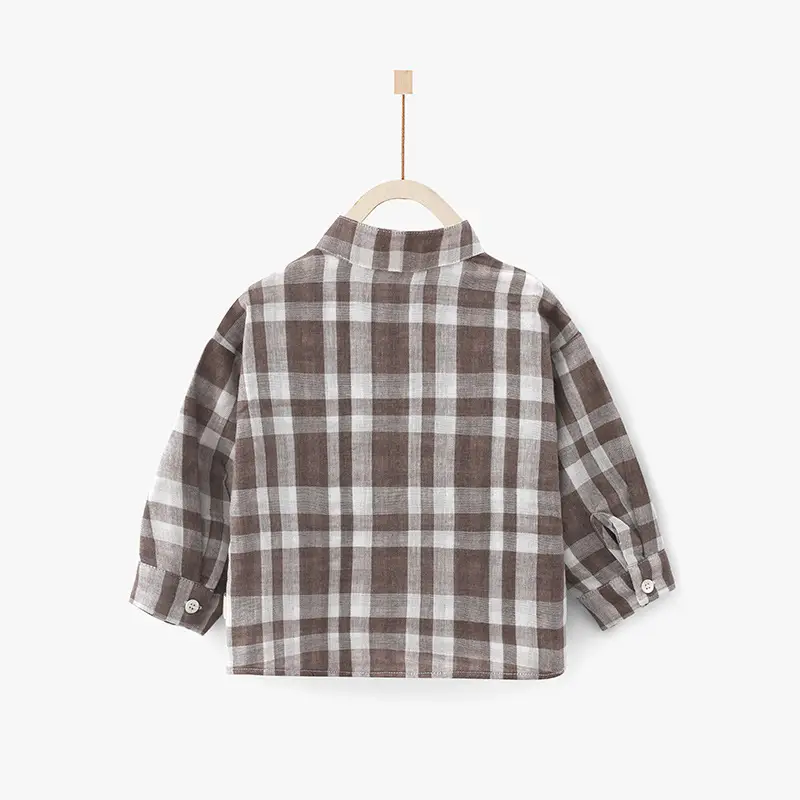 Boys Plaid Long Sleeve Shirt Brown White Medium Small - Image 3