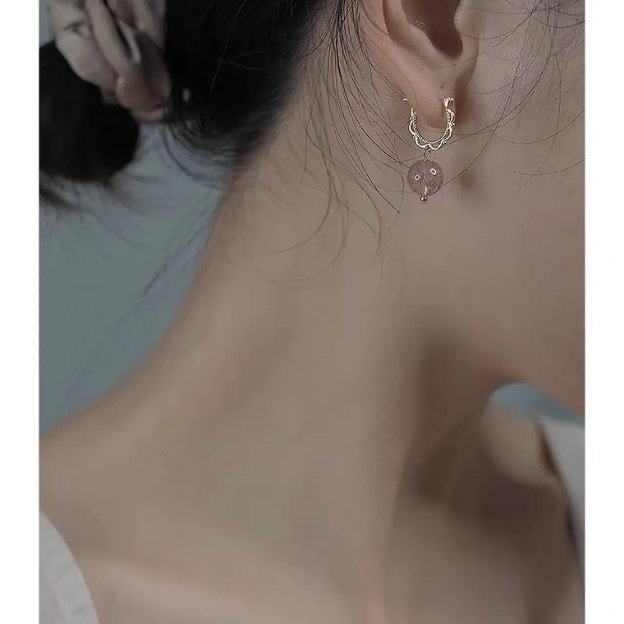 Natural Pink Crystal Earrings with Silver Buckle - Image 3