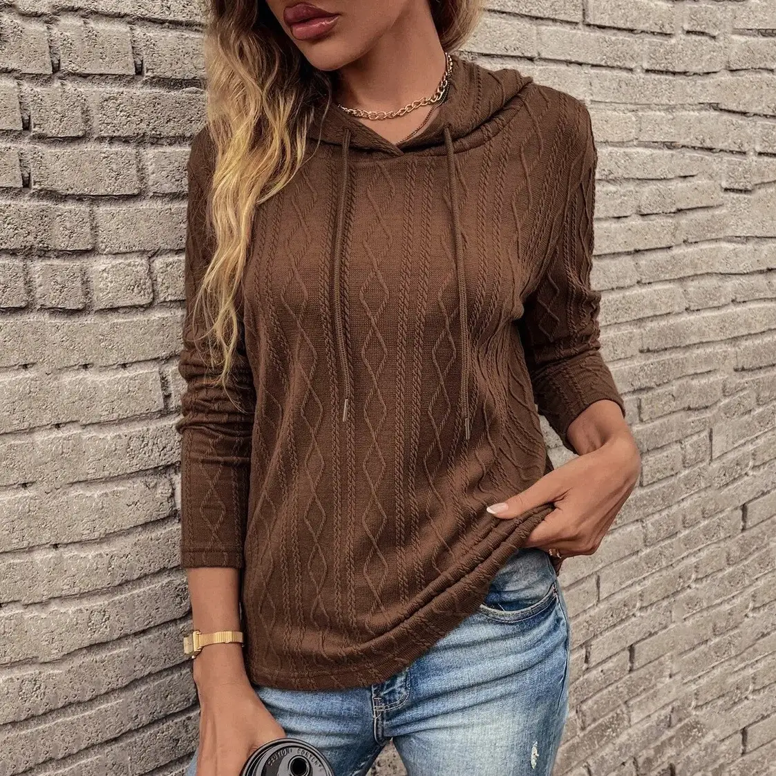 2022 Black Long Sleeve Hooded T-Shirt Women - Image 3