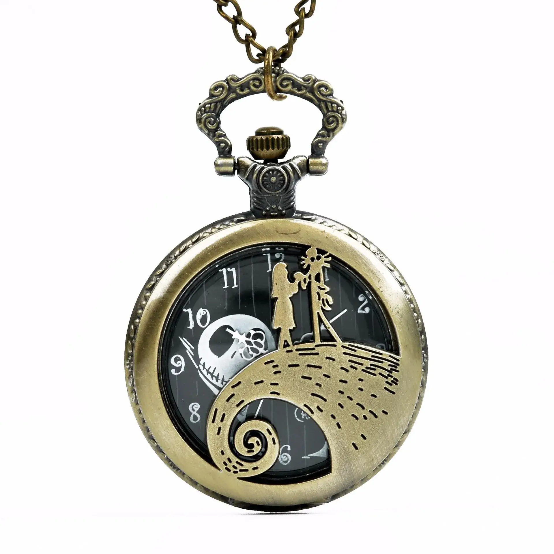 Cross Mirror Pocket Watch Necklace with Ghost Head Design