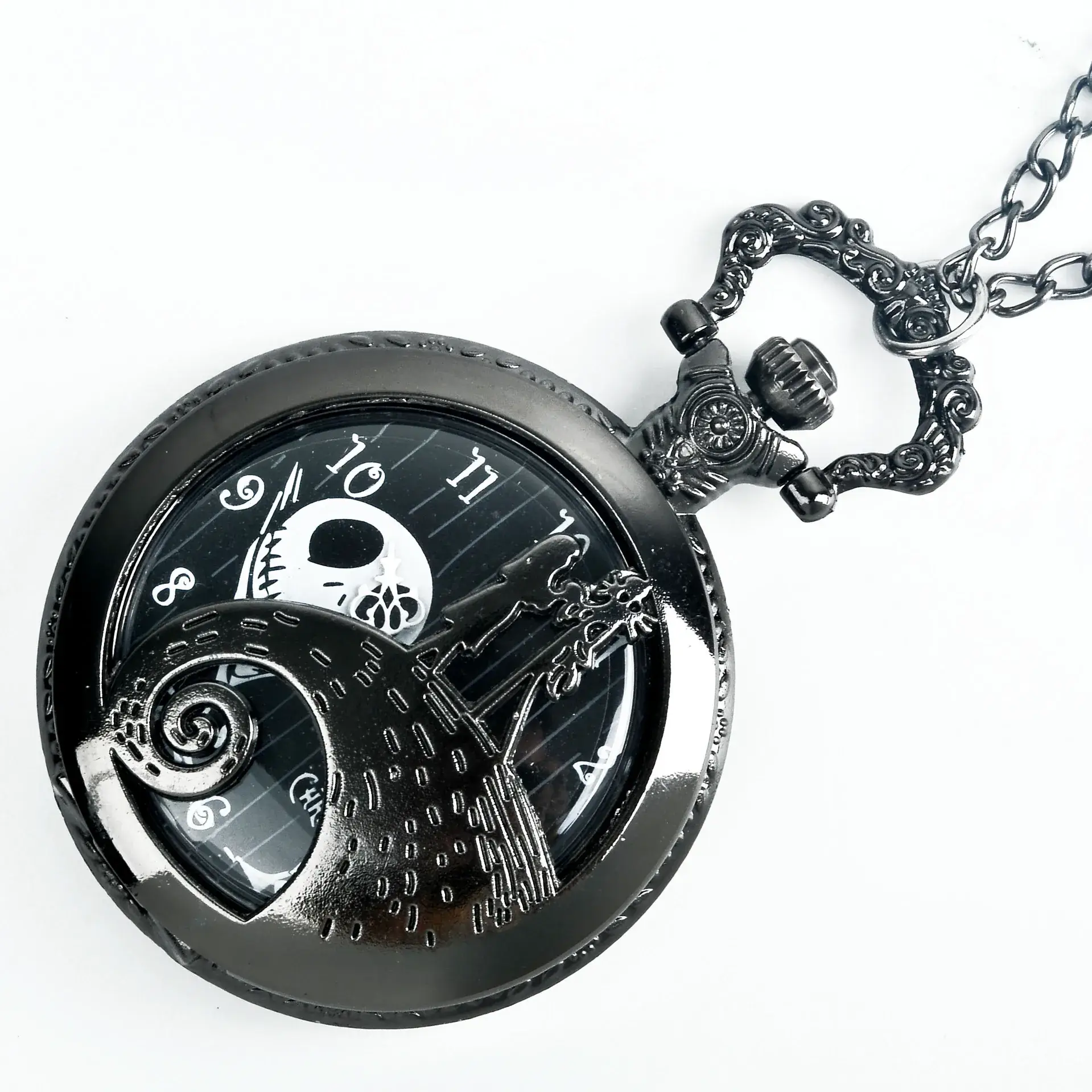 Cross Mirror Pocket Watch Necklace with Ghost Head Design