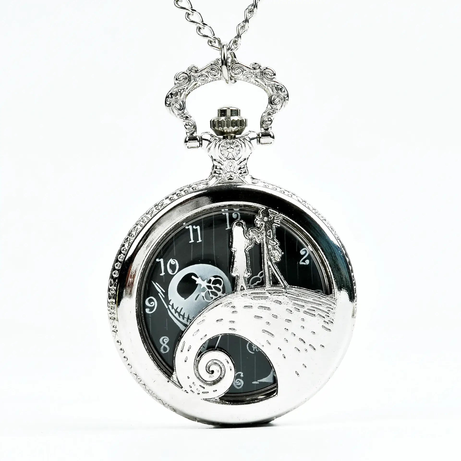 Cross Mirror Pocket Watch Necklace with Ghost Head Design