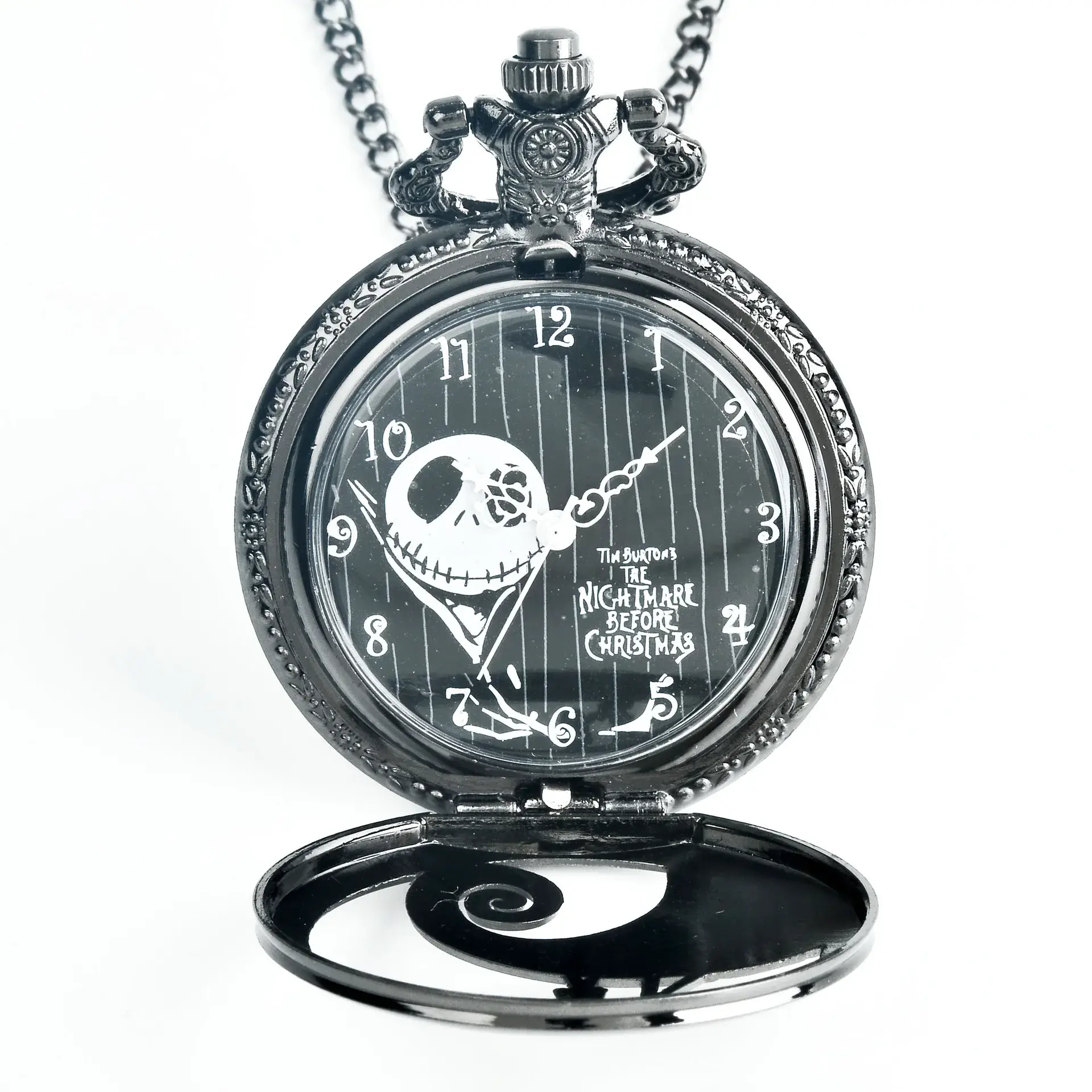 Cross Mirror Pocket Watch Necklace with Ghost Head Design