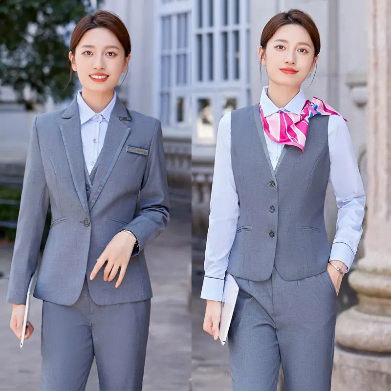 Women's Light Blue Vest Shirt Business Suit Set - Image 4