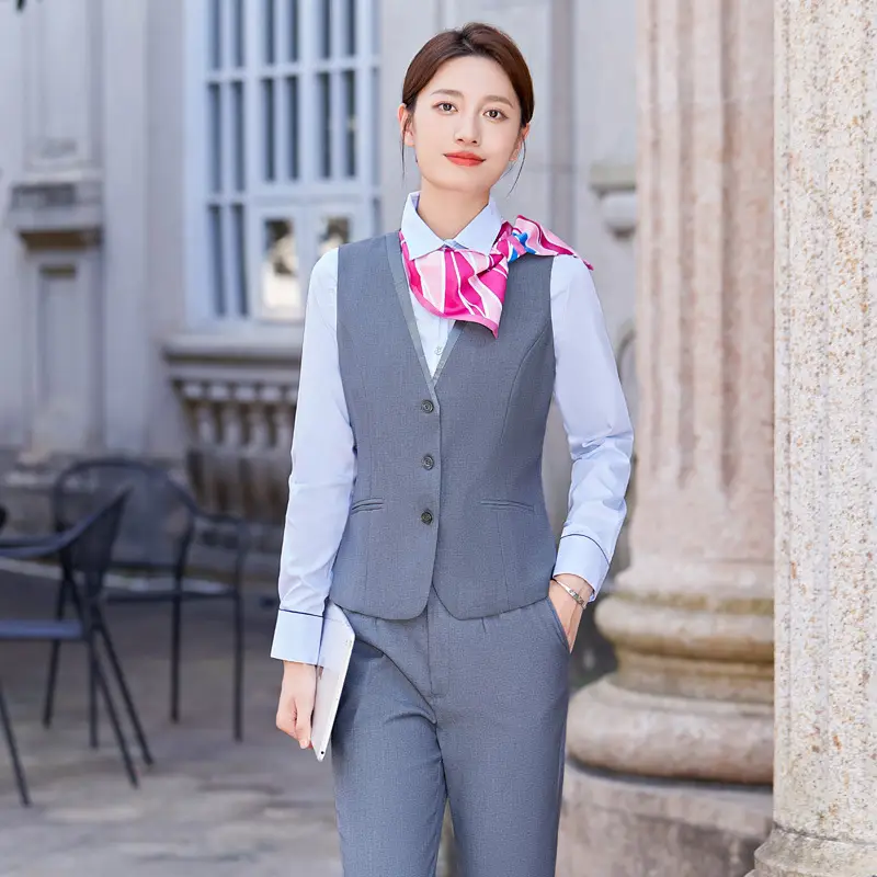 Women's Light Blue Vest Shirt Business Suit Set - Image 5