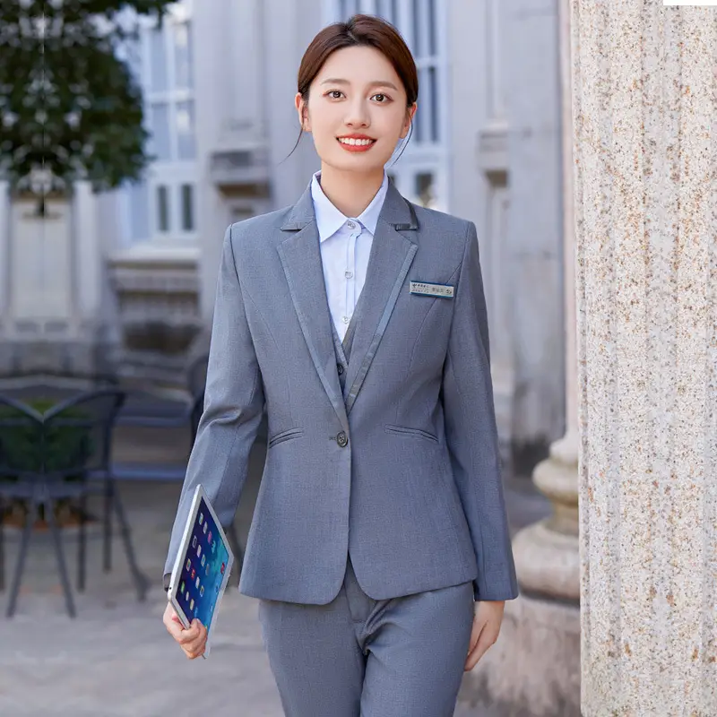 Women's Light Blue Vest Shirt Business Suit Set - Image 6