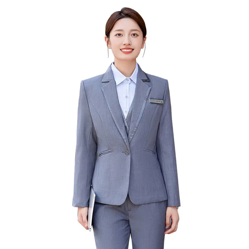 Women's Light Blue Vest Shirt Business Suit Set - Image 7