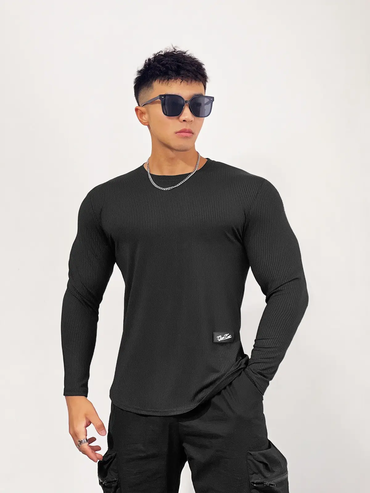 Men's Black Elastic Long Sleeve Training Top — feature 1