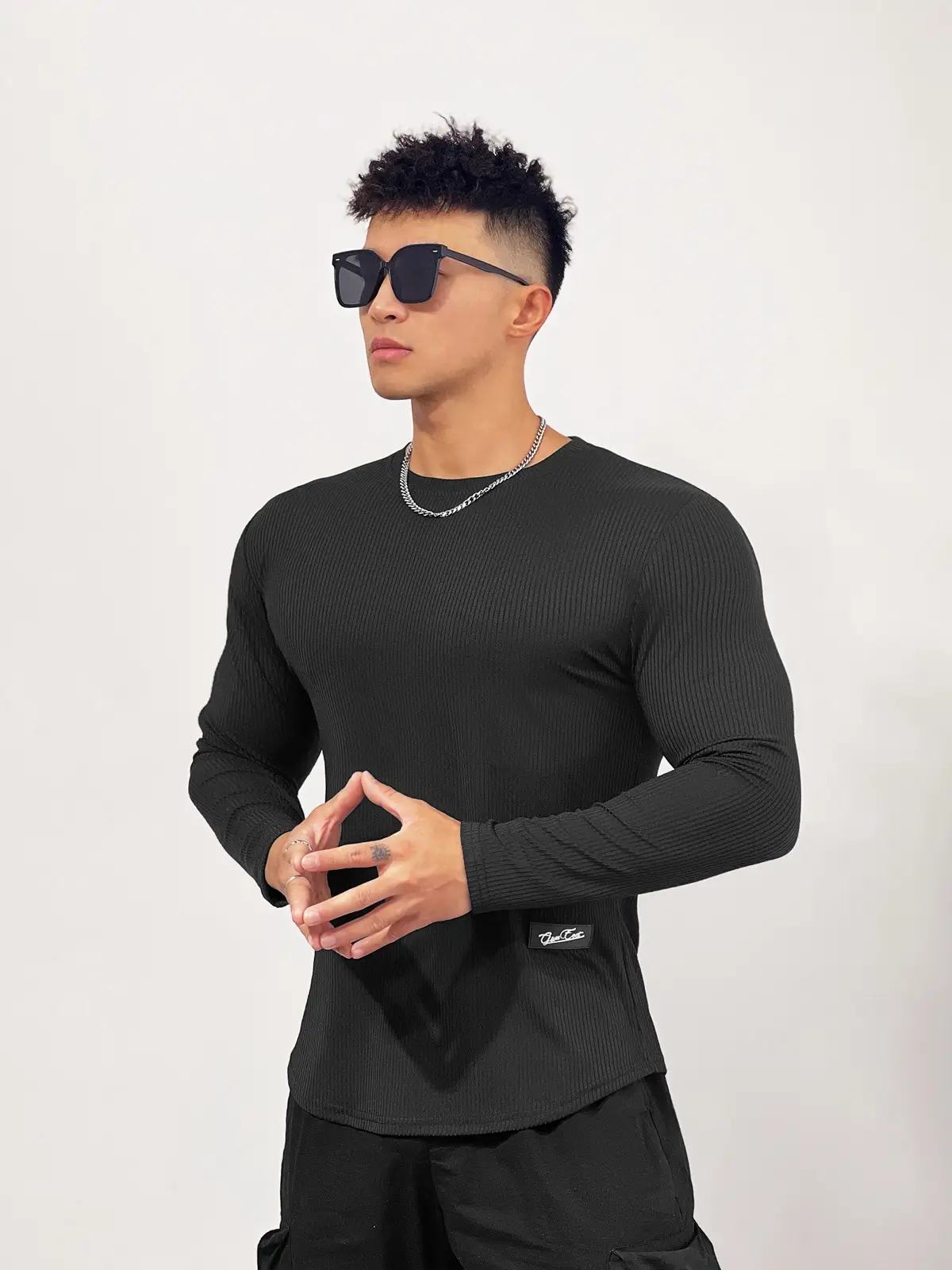 Men's Black Elastic Long Sleeve Training Top — feature 10