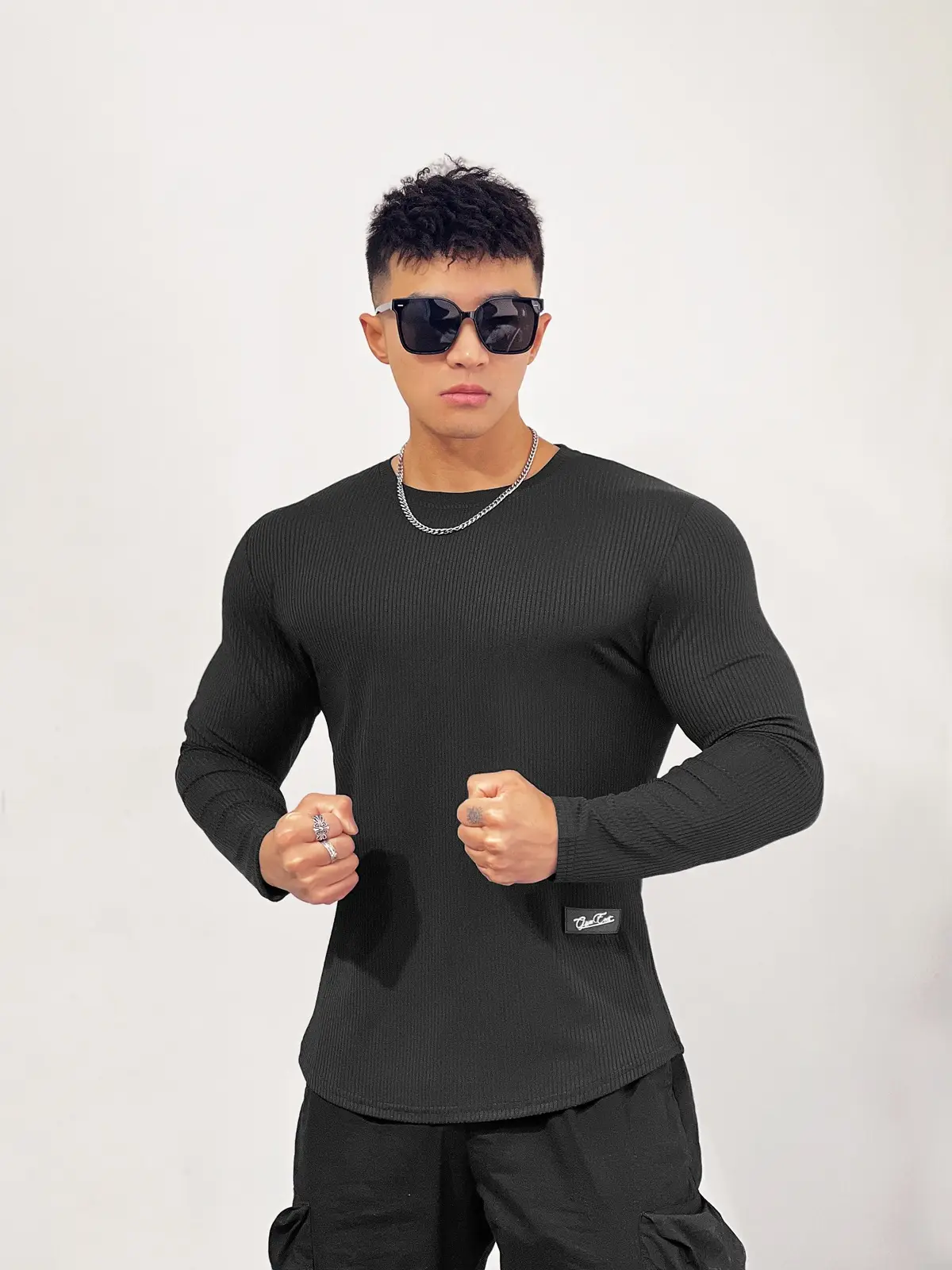 Men's Black Elastic Long Sleeve Training Top — feature 12