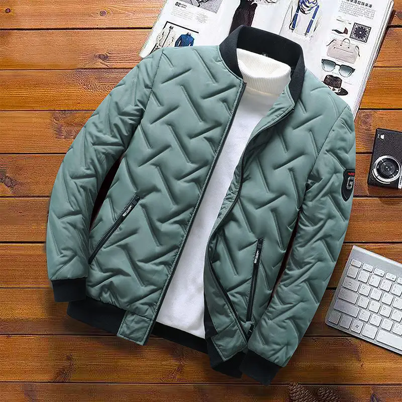 Men's Grey Quilted Jacket with Stand Collar 2023
